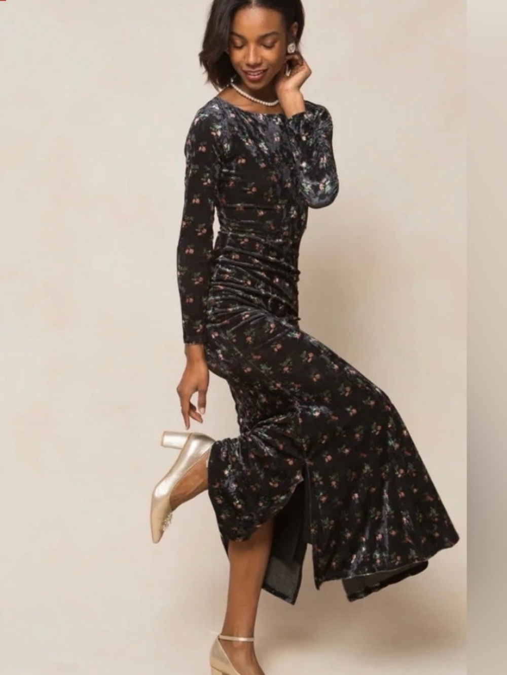 Ivy City Co long sleeved floral Black velvet maxi dress